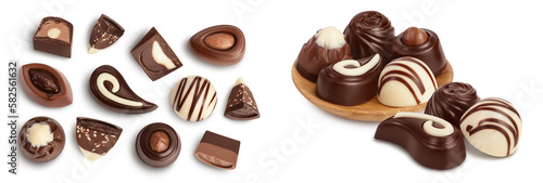 Chocolate candy isolated on white background with full depth of field. Top view. Flat lay. Set or collection