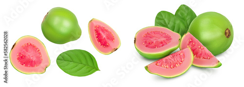 Fototapeta Naklejka Na Ścianę i Meble -  Guava fruit with slices isolated on white background with  full depth of field. Top view. Flat lay