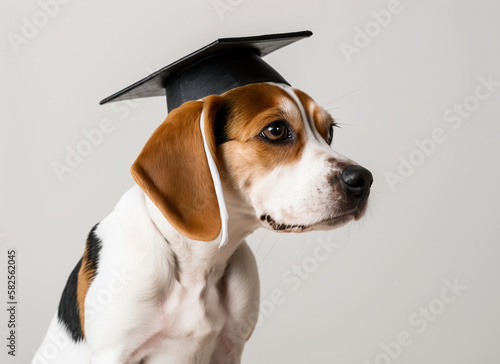 Beagle with graduation cap on white background Generative AI © Paula