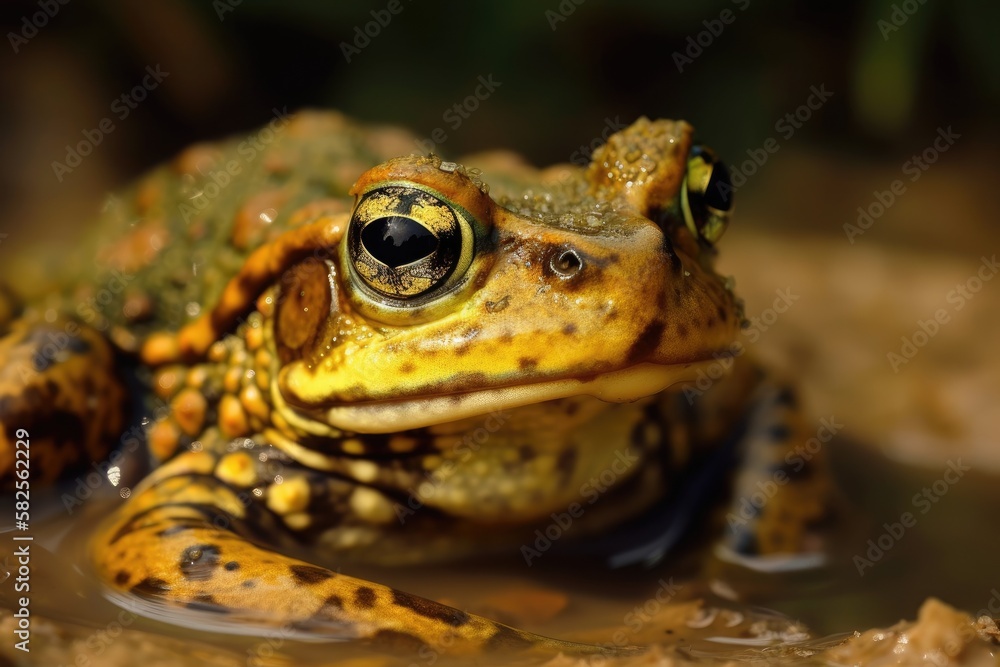 Obraz premium The macro or up close image shows a toad or frog sitting in the pound among the algae in green, yellow, and brown. Generative AI