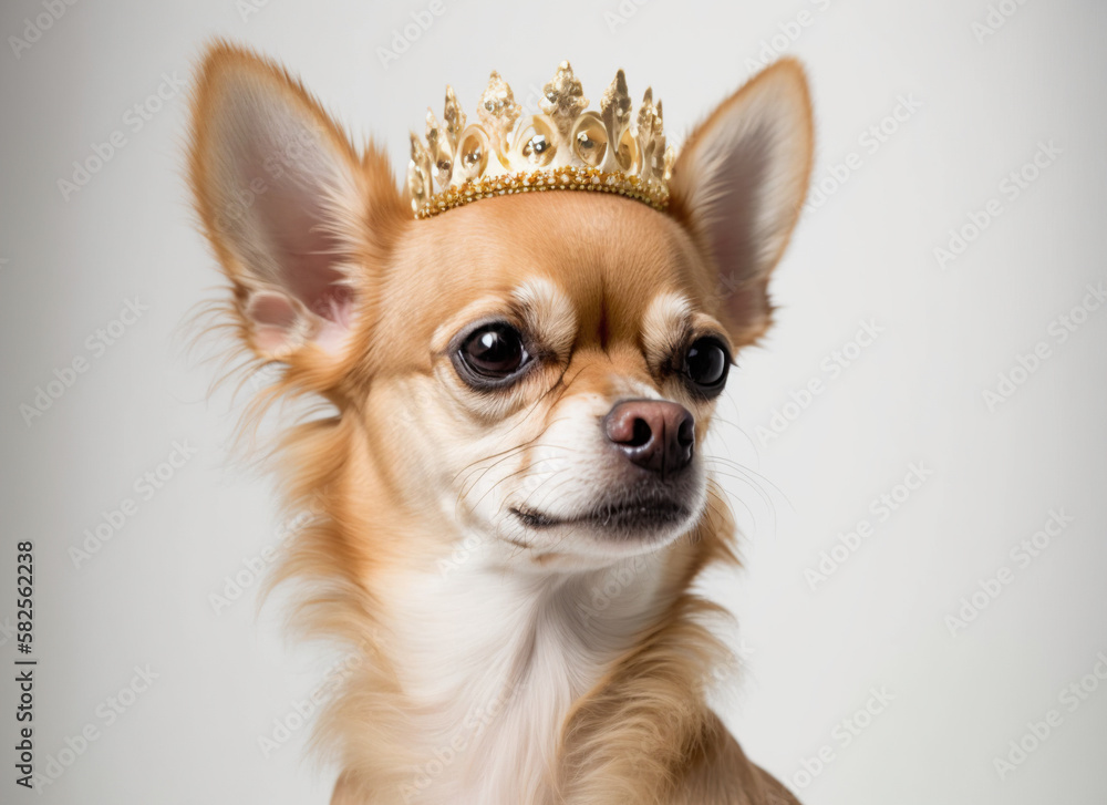 Chihuahua with a golden crown on a white background Generative AI