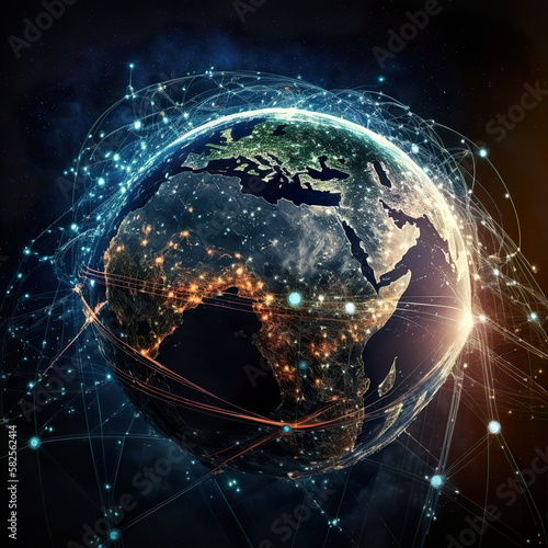 Space view of internet  global business  cyberspace connection lines. Telecommunications technology with connections around the Earth. Business innovation AI generated illustration.
