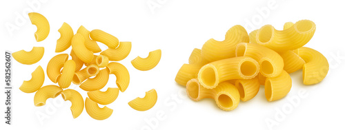 raw macaroni pasta isolated on white background with  full depth of field. Top view. Flat lay