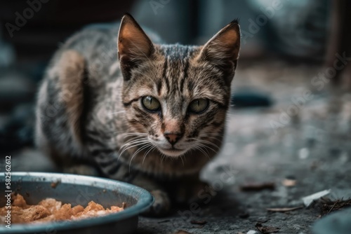 stray kitten consuming food. Generative AI
