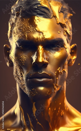 Handsome man with gold particles and gold liquid melting down