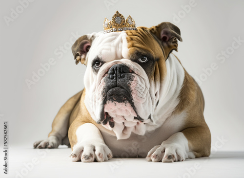 english bulldog with a golden crown on a white background Generative AI © Paula