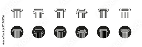Ancient column icon set. Antique pillar vector symbol collection. Columns outline ionic style decoration element.