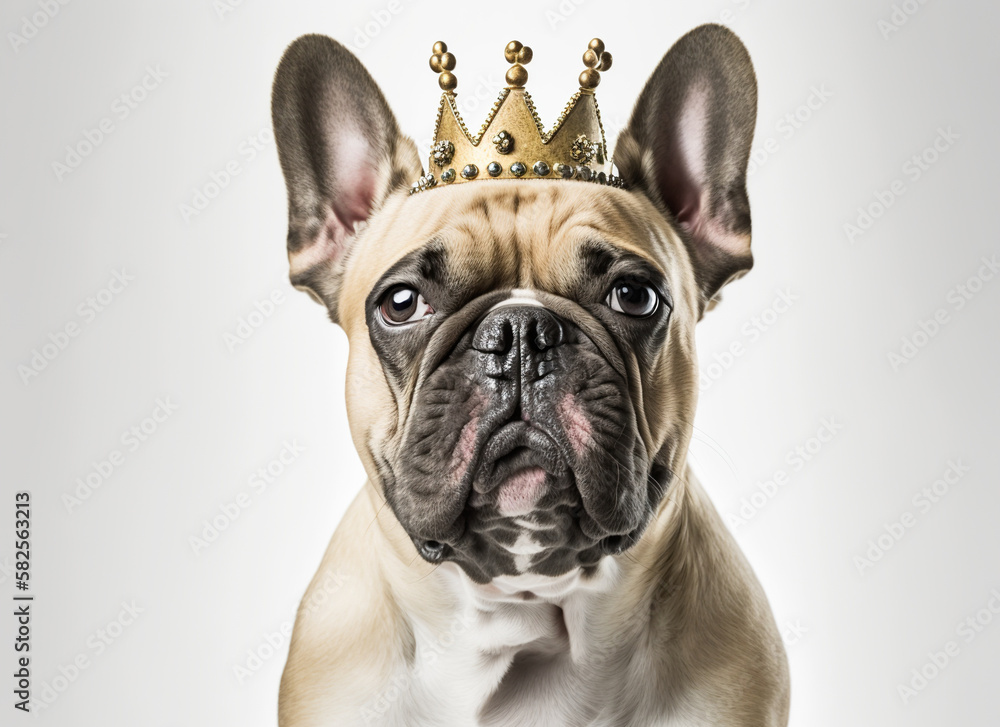 french bulldog with a golden crown on a white background Generative AI