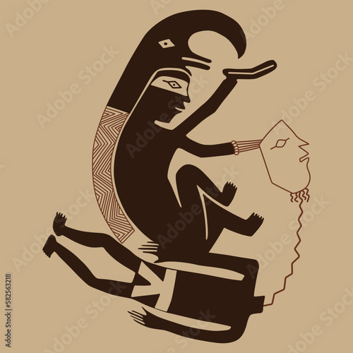 Native American tribal motif. Mimbres pottery. Decapitation of captive. Scene of ritual sacrifice. 