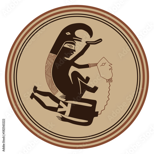 Native American indigenous motif in a circle. Mimbres pottery. Decapitation of captive. Scene of ritual sacrifice. Decapitation of a prisoner.	