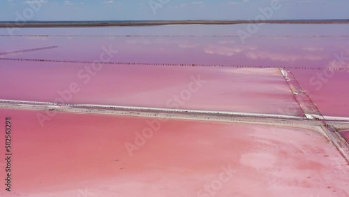 Above pink salt lake with microalgae Dunaliella salina. Famous for its antioxidant properties, enriching water by beta-carotene, used in medicine, dermatology and spa. Salt production facilities pond. photo