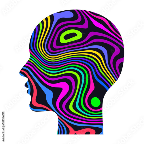 Woman profile. Silhouette of head with neon abstract psychedelic pattern.