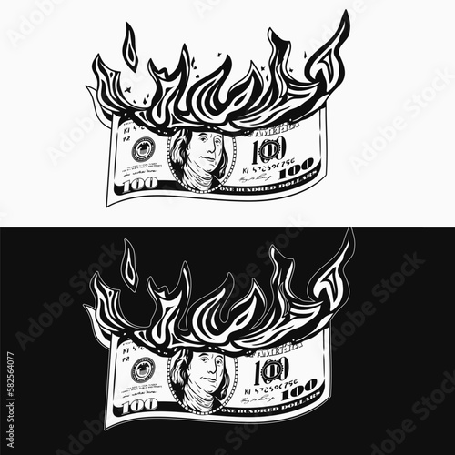 Burning 100 dollar bill. Concept of depreciation of money, inflation, disappearance of savings. Detailed monochrome illustration on black, white background in vintage style.