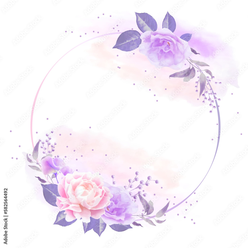 Watercolor flower frame with purple and pink roses and round leaves. Template for wedding