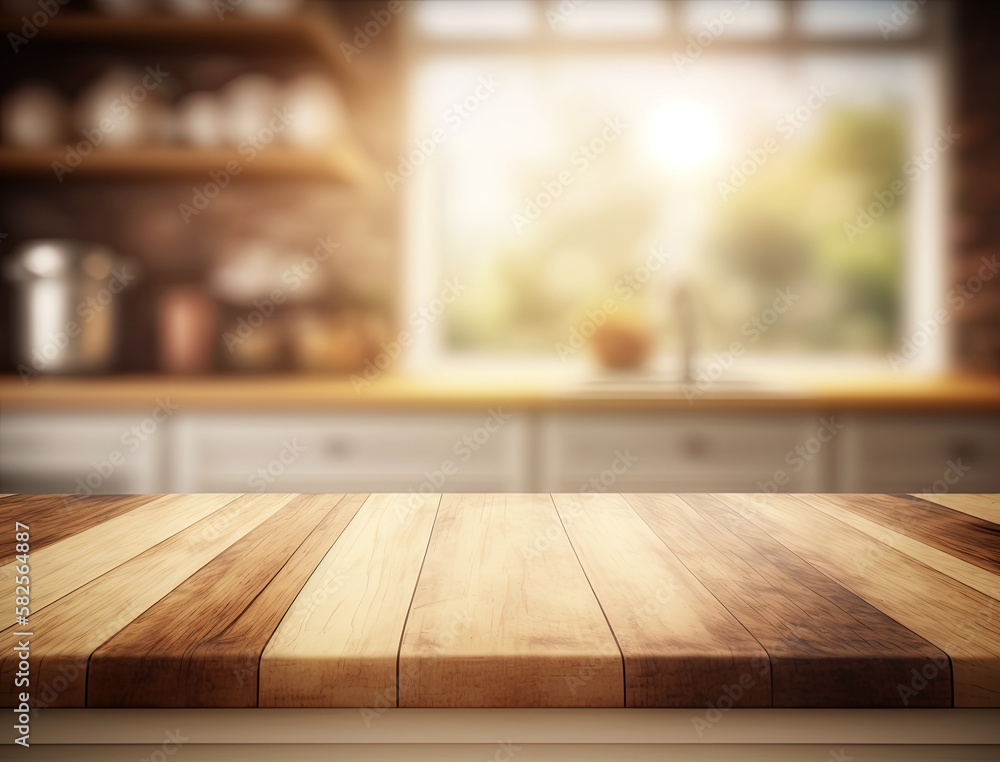 Wood table top on light abstract from kitchen room ,generative artificial intelligence Wood table top on light abstract from kitchen room ,generative artificial intelligence