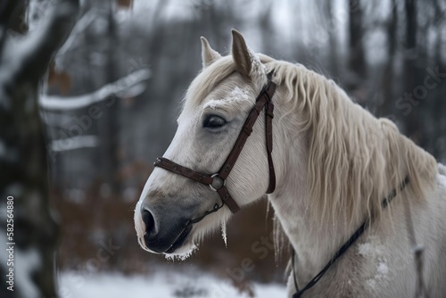 Man equine in a snow covered field. Generative AI