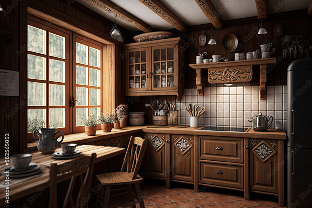 Wooden cupboards in cozy kitchen ,generative artificial intelligence