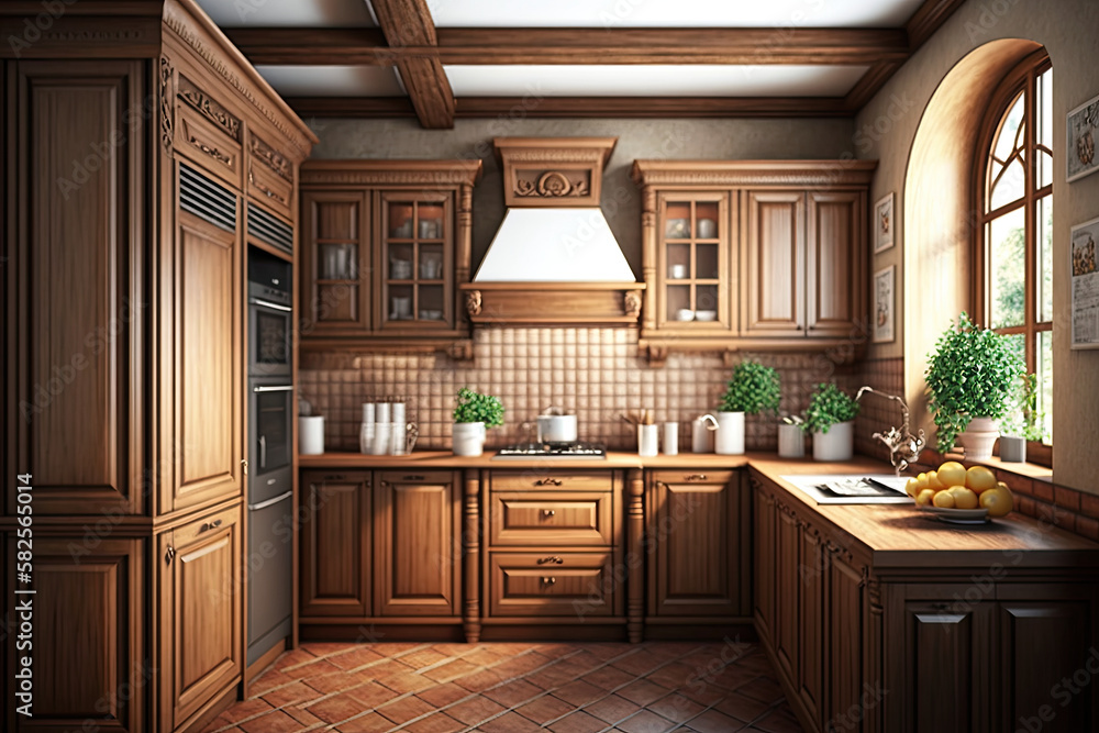Wooden cupboards in cozy kitchen ,generative artificial intelligence