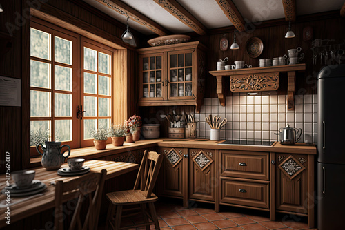 Wooden cupboards in cozy kitchen  generative artificial intelligence
