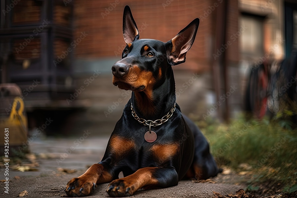 Doberman with collar sitting outside. Generative AI Doberman with collar sitting outside. Generative AI