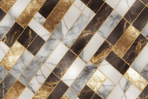 Seamless texture of marble mosaic tile with golden and white and gray rectangles. Generative AI