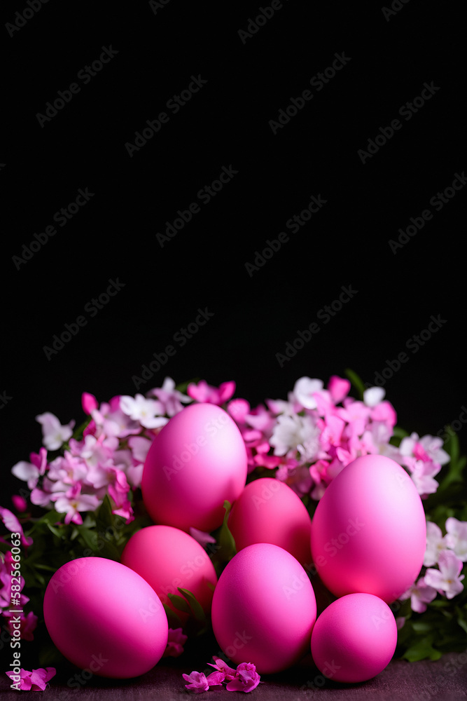 Easter pink chicken eggs on a black background