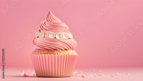 Tasty pink cupcake on a pink background  illustration ai generative