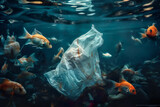Fish and plastic pollution in sea. Generative Ai.