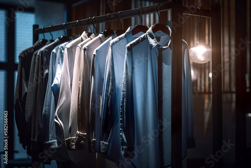 A rack of shirts hanging in a fashion shop with lights. Generative Ai.