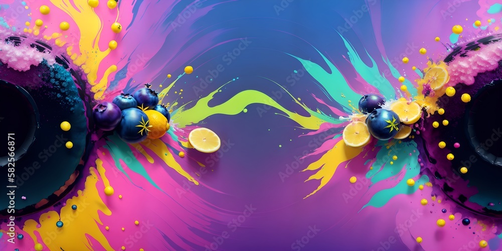 A colorful background with speakers and a lemon slice