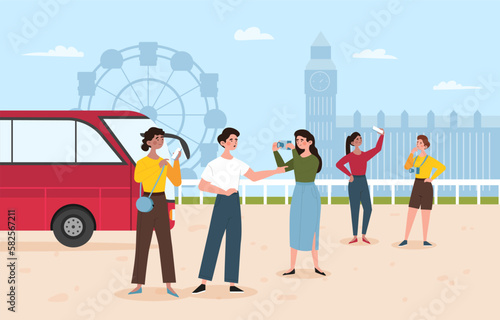 People in bus trip. Men and women stand next to vehicle and take pictures of sights. Excursion around foreign city. Travel and tourism, vacation and holiday. Cartoon flat vector illustration