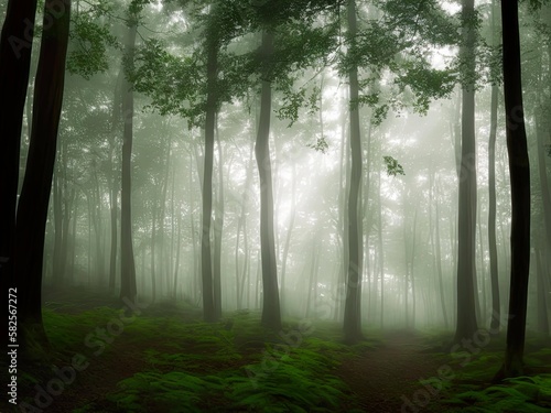 Dark forest shrouded in mist, Designed with the help of AI © BowlesCreativeStudio