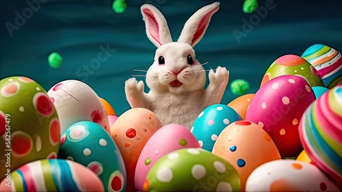 Wallpaper Mural Cute easter bunny smiling surrounded by easter eggs, cartoon style. Generative AI Torontodigital.ca