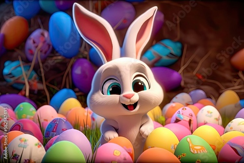 Cute easter bunny smiling surrounded by easter eggs, cartoon style. Generative AI photo