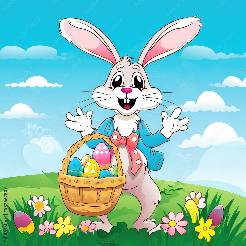 Happy Easter Bunny holding a basket filled with multicolored eggs, surrounded by flowers and green grass, with a clear blue sky in the background. Generative AI Happy Easter Bunny holding a basket filled with multicolored eggs, surrounded by flowers and green grass, with a clear blue sky in the background. Generative AI