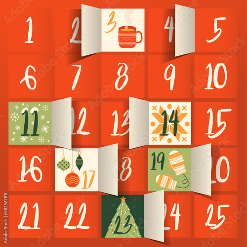 Advent calendar with doors. Symbol of New Year and Christmas. Gift and present, surprise for holidays, events and festivals. Calendar with sweets or presents. Cartoon flat vector illustration