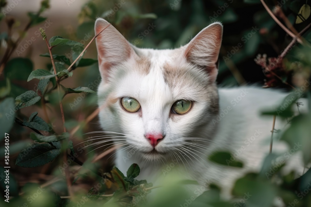Gorgeous cat peering from the bushes. Generative AI