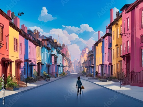 Empty street with rows of colourful houses with a child walking alone  Designed with the help of AI