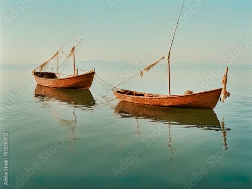Fishing vessels glide peacefully across a still lake, the air hazy with a mist, Designed with the help of AI