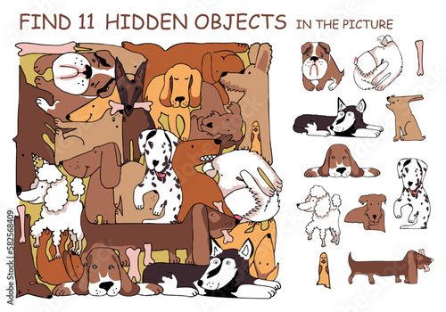 Various dogs. Find the hidden objects. An educational puzzle game for children. Sketch Vector illustration