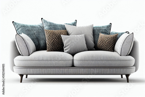 Modern gray sofa with pillows on white background, front view. Generative AI