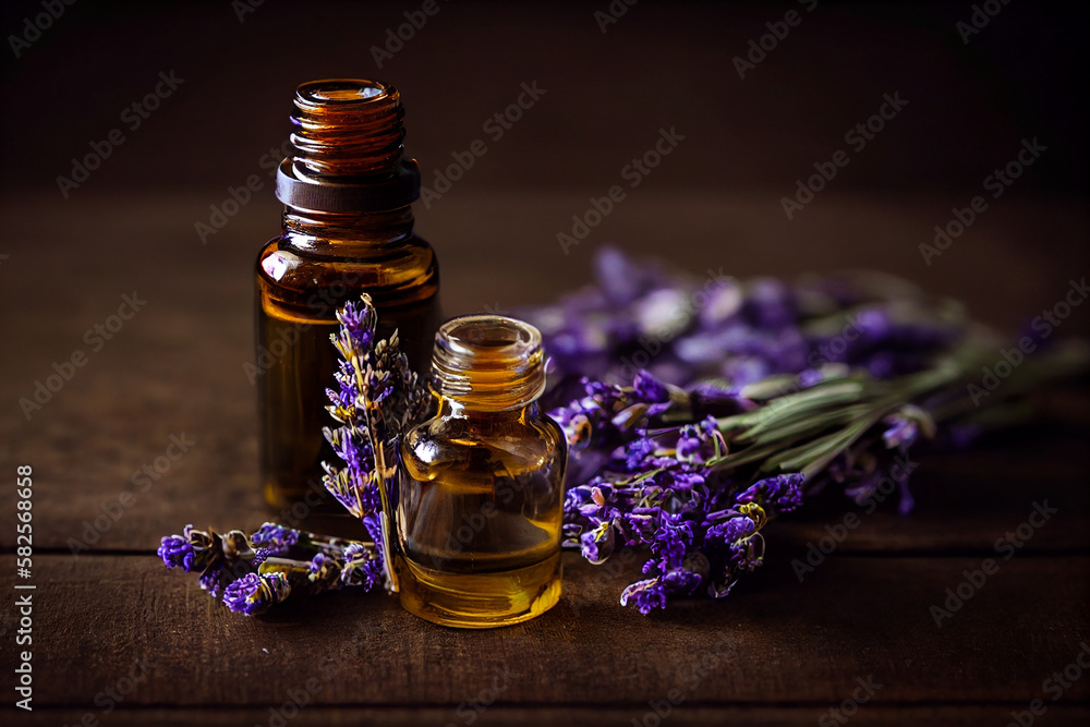 Lavender essential oil bottle with a sprig of lavender for use in the spa with massage, aromatherapy. Generative AI - obrazy, fototapety, plakaty 