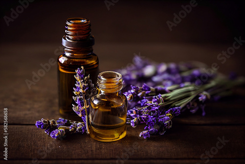 Lavender essential oil bottle with a sprig of lavender for use in the spa with massage, aromatherapy. Generative AI