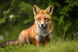 A close up of a red fox sitting on grass in the United Kingdom. Generative AI