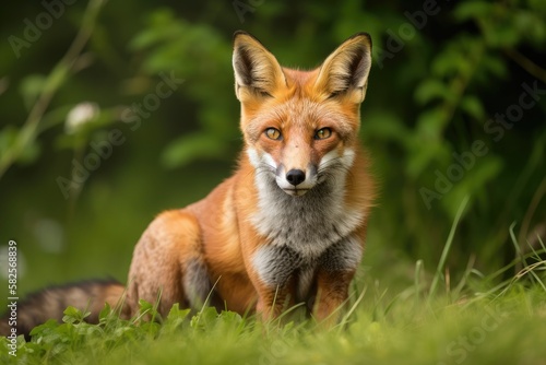A close up of a red fox sitting on grass in the United Kingdom. Generative AI © AkuAku