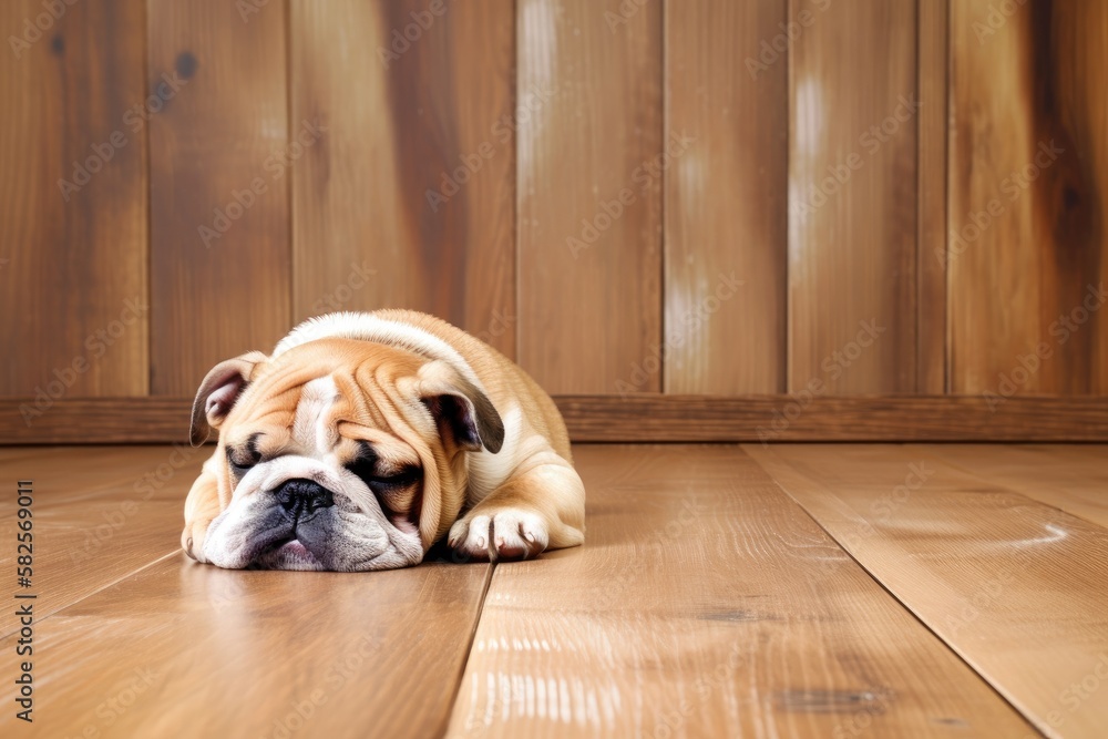 Small brown Saint Bulldog snoozes with copy space on hardwood floor. Generative AI