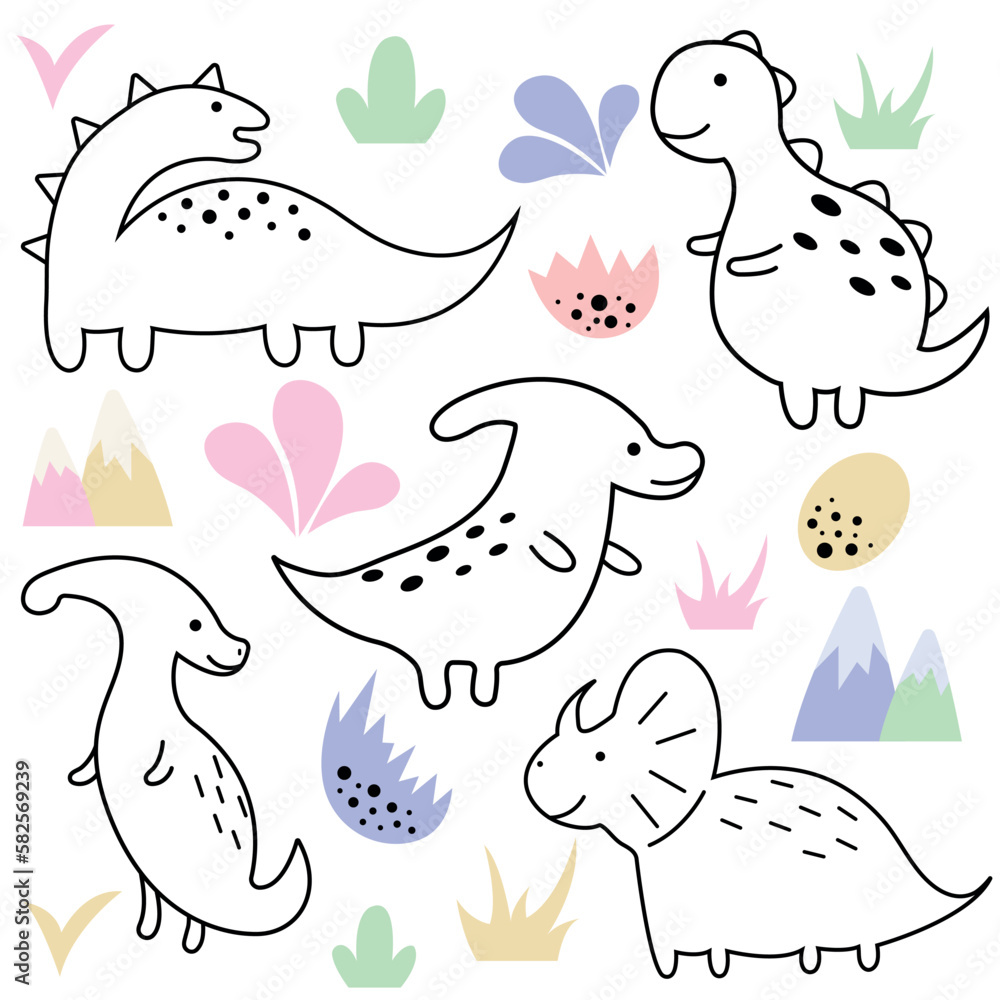 Cute dinosaurs and tropical plants. Funny cartoon dino collection. Hand drawn vector set for kids. Cute vector set with dinosaurs. Cute card with dinosaur. Cute dinosaurs and tropical plants. Funny cartoon dino collection. Hand drawn vector set for kids. Cute vector set with dinosaurs. Cute card with dinosaur.