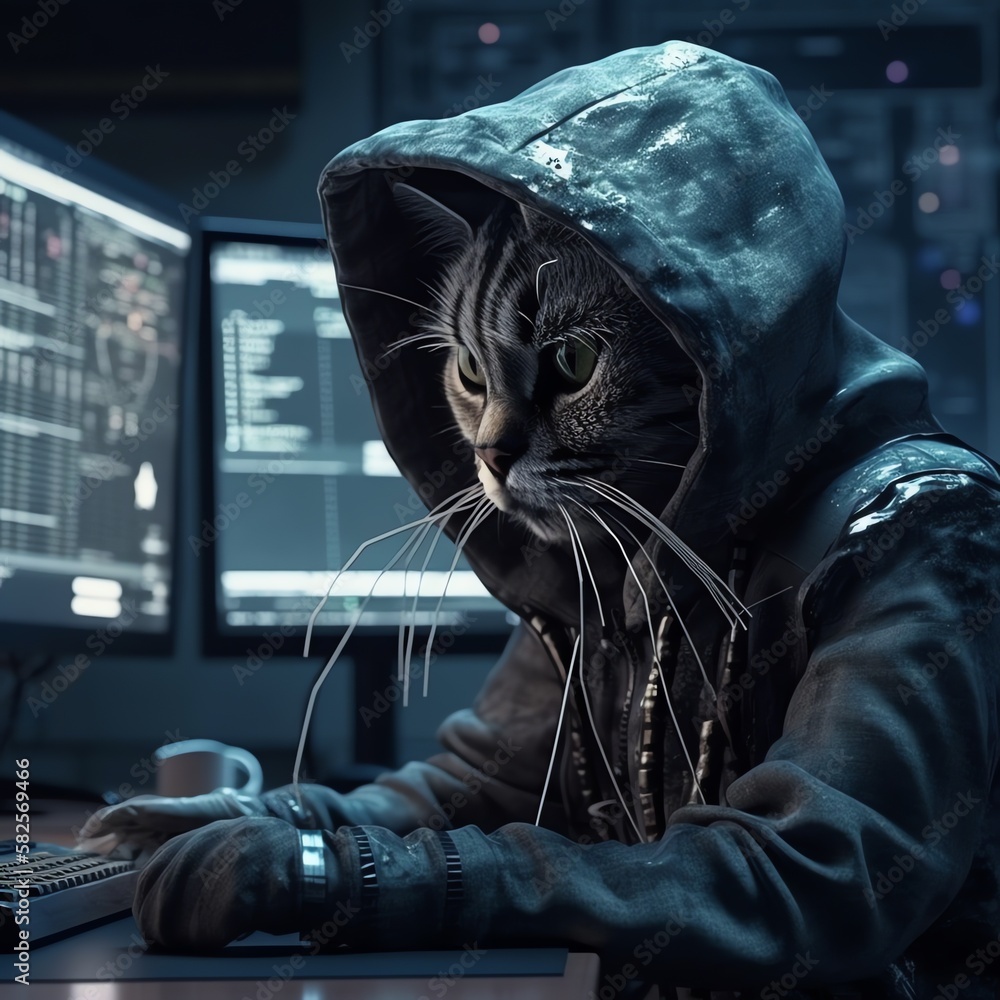 The gray cat in the hood is a computer hacker, programmer, developer