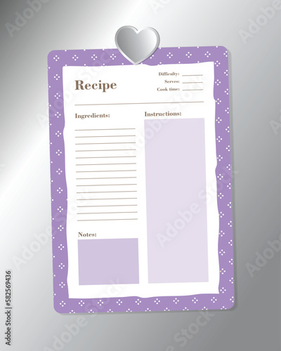 Blank recipe template with heart glass magnet on silver pin board background surface silver background