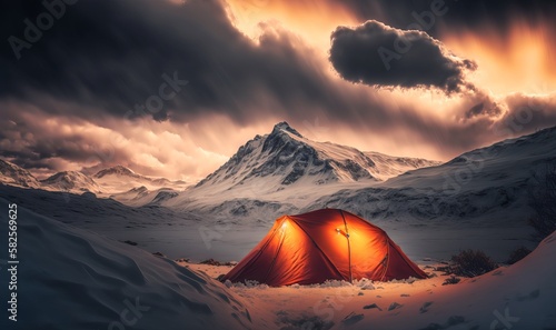 Escape the city: Glowing tent in the tranquil mountainscape